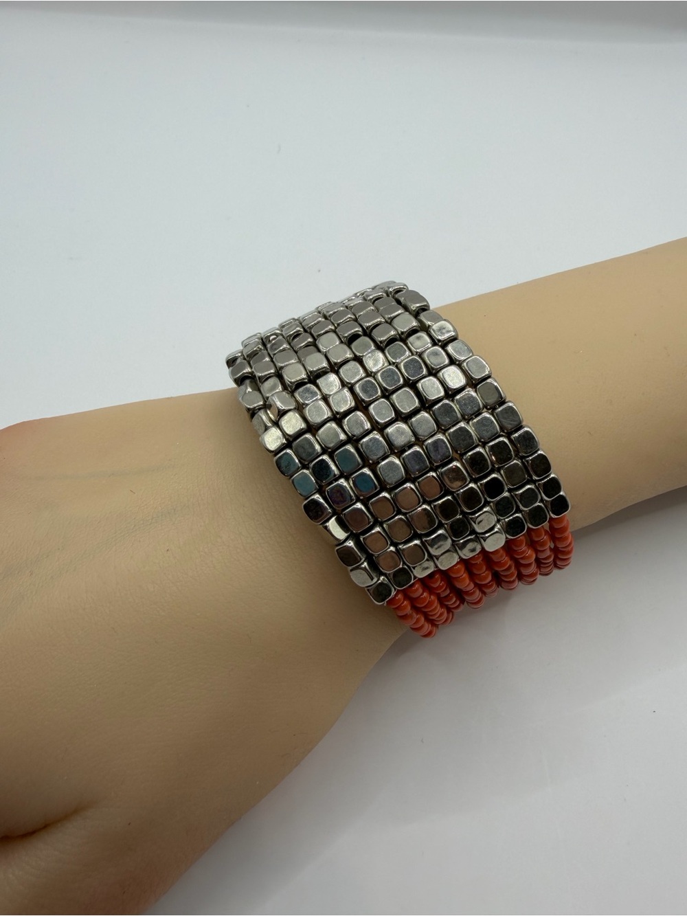 Coral Seed Bead Cuff Bracelet | Orange Multi-Strand Silver Cube - Picture 3 of 10